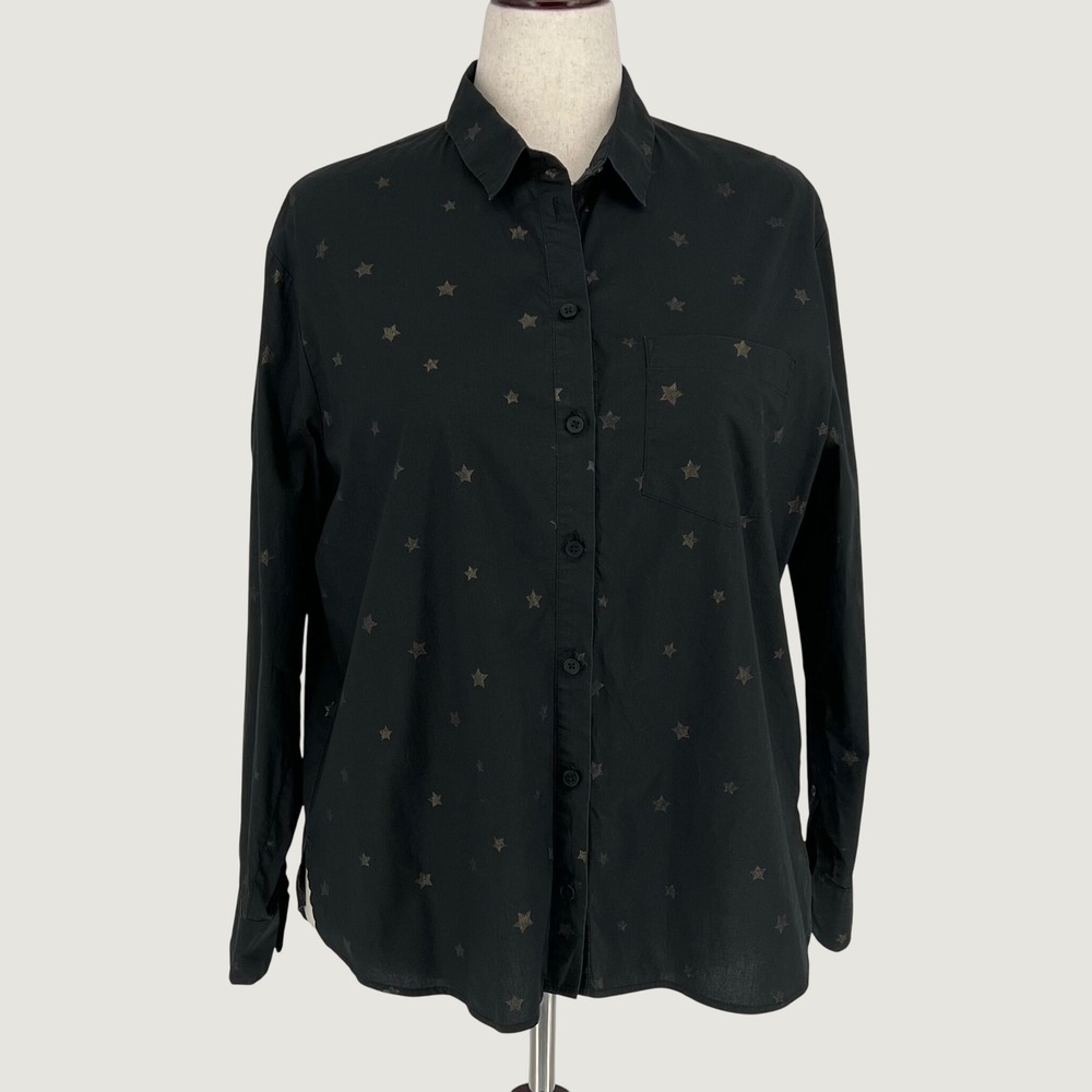 Madewell Women Star Print Button Up Long Sleeve Shirt  Size L Black Gold Cotton